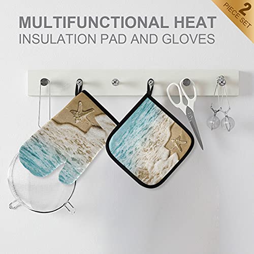 Starfish Ocean Wave Oven Mitts And Pot Holders Sets Summer Beach Hot Pads Heat Resistant Cooking Gloves Handling Kitchen Cookware Bakeware Bbq #TOP2
