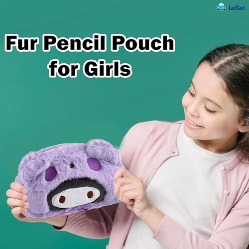 Image of FunBlast Fur Pencil Pouch for Girls - Cute Cartoon Animal Pouch, Multi-Purpose Zipper Case for School Kids, Cosmetic Pouch for Girls, Coin & Travel Pouches for School /Office (Purple)