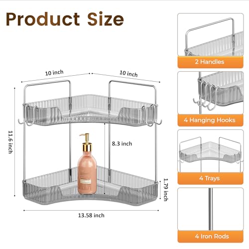 Image of Corner Counter Organizer, 2-Tier Bathroom & Kitchen Storage Tray with Hooks | Clear Vanity Organizer for Skincare, Makeup & Jewelry