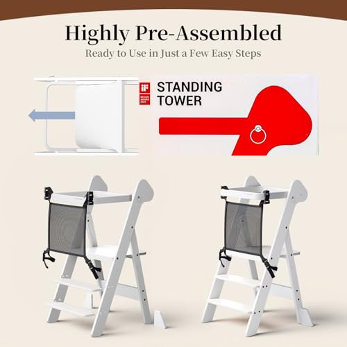 Cosyland Foldable Toddler Standing Tower, Adjustable Kitchen Step Stool with Protective Mesh, iF Award-Winning Bamboo Helper for Kids Ages 18 Months to 6 Years, White by COSYLAND - Image 7