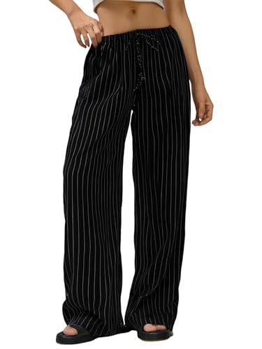 GORGLITTER Women's Striped Wide Leg Pants Pinstripe Pants Drawstring Waist Casual Baggy Trousers
