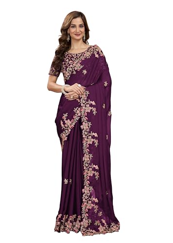 TRENDMALLS Women's Rangoli Silk Heavy Embroidred Saree with Unstitch Blouse