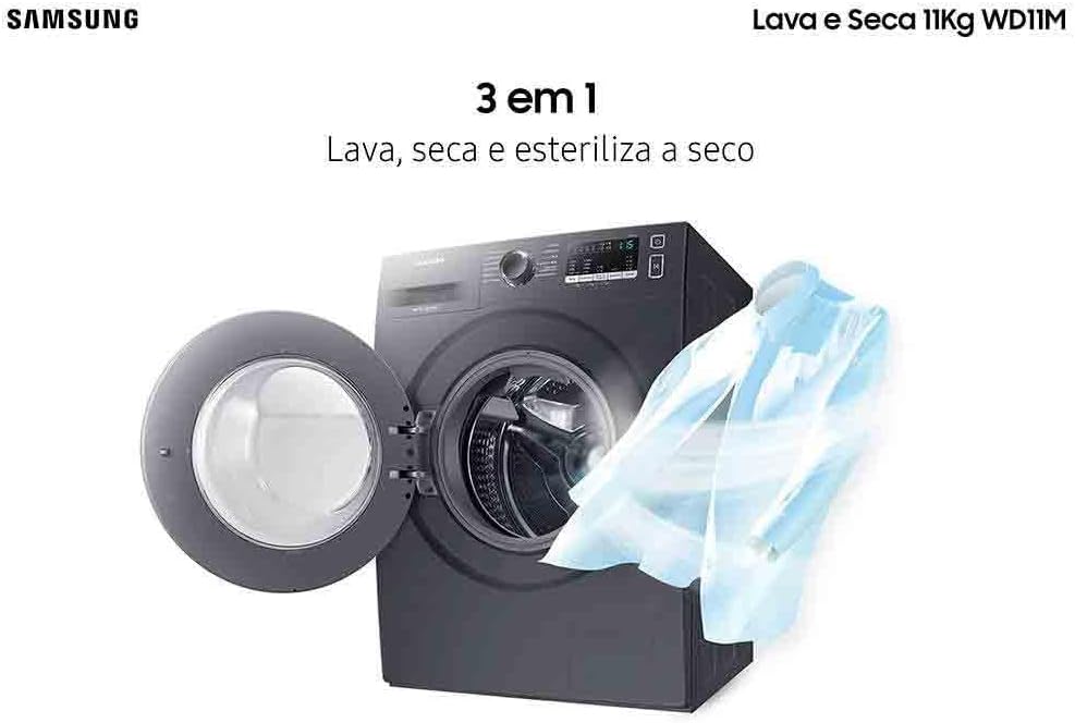 Lava e seca Samsung WD11M com porta aberta e peça de roupa azul-clara saindo do tambor Lava e seca Samsung WD11M com porta aberta e peça de roupa azul-clara saindo do tambor