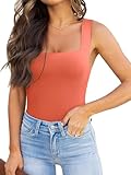 REORIA Womens Sexy Club Square Neck Sleeveless Tank Tops Bodysuits Stretchy Leotard Clubwear Neon Pink X-Large