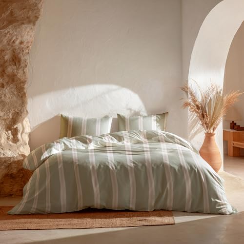 GAMUSI Juego Funda nórdica Cama 105 100% algodón - Funda Almohada 45x125 cm, Estampado líneas Verde