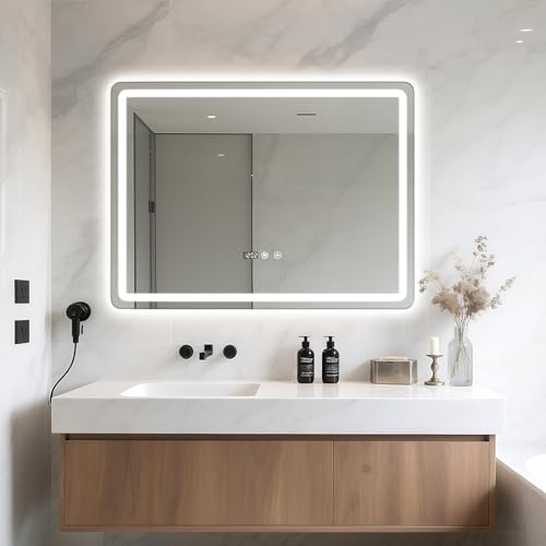 Tifemap Espejo Baño con Luz, Espejo de Baño con LED Iluminación Frontal y Trasera, 80x60 cm, Control Táctil, Espejos Grande para Cuarto de Baño, Dormitorio y Pasillo