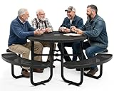 OUTTANS Metal Picnic Tables for Outdoors with Umbrella Hole - Coated Steel Heavy Duty Commercial Grade Furniture Set with Adjustable Seats (Black, 46 in, Round, Punched Steel)