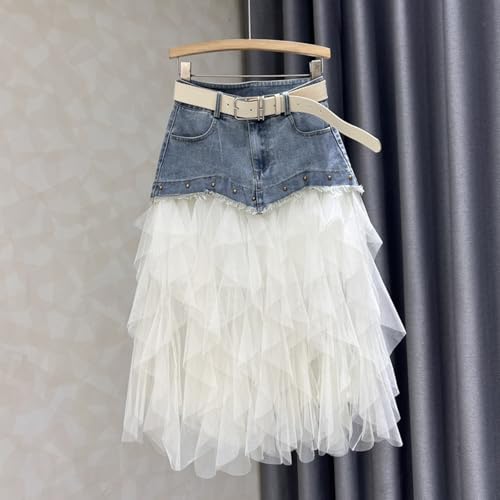 Women's Mesh Tulle Denim Skirt A-Line Beaded Patchwork Casual Jean Medium Long Skirt with Belt2