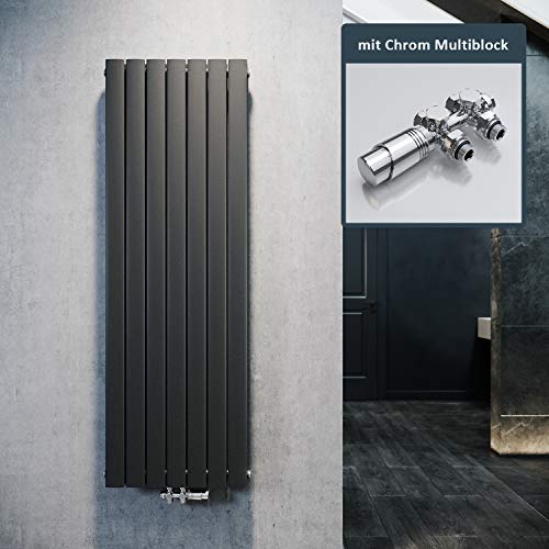 ELEGANT Radiatore di design piatto, 1600 x 539 mm, con termostato cromato multiblocco, colore antracite, doppio strato, verticale, collegamento centrale