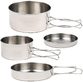 Porssaut 4pcs Camping Cookware Set, Cookware Mess Kit Camping Frying Pan Lightweight Backpacking Cookware Pots and Pans Cooking set Stainless Steel Compact for Picnic Hiking Travel