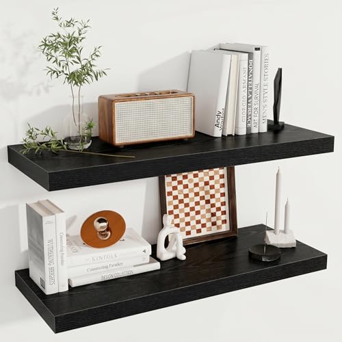 Image of Fun Memories Deep Floating Shelves, 32W x 12D Black Wall Shelves, 32 Long Rustic Wood Wide Storage Shelves for Bedroom, Kitchen, Farmhouse, Laundry Room, Bedroom, Kitchen, Home Office- Set of 2