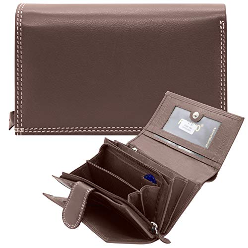 Damen Ledergeldbörse 15 cm lang Braun mit 23 Fächer Frauen Portemonnaie Portmonee Echtleder Geldtasche Brieftasche Franko (B55 Dunkelbraun) Cover