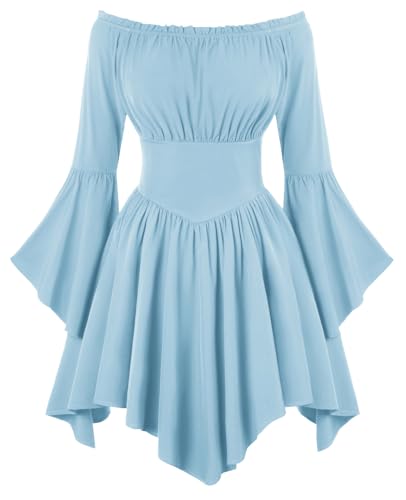 SCARLET DARKNESS Ladies Vintage Gothic Dress Mini Elastic Off Shoulder Bell Long Sleeve Medieval Fancy Dresses for Women UK Light Blue XL