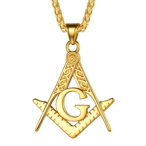 FaithHeart Masonic Necklace for Men, Customize Available Freemason Compass Symbol 14K Gold Plated Free and Accepted Masons Pendant Jewelry with Gift Packaging-Gold
