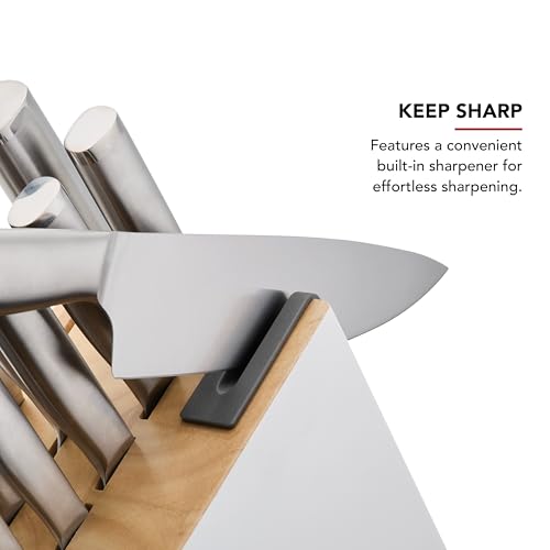 Image of KitchenAid Slim Two-Tone Knife Block Set with Built-In Knife Sharpener, Stainless Steel Kitchen Knives, Sharp Kitchen Knife Set with Block, 14-Piece, White