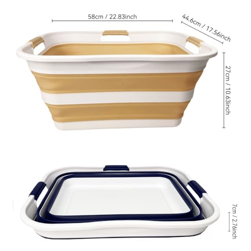Image of SAMMART 42 (11 Gallons) Collapsible Plastic Laundry Basket, Foldable Pop Up Storage Container /Organizer, Space Saving Hamper, Portable Bin for Dorm Room Bathroom (2, Starry Blue+Beige)