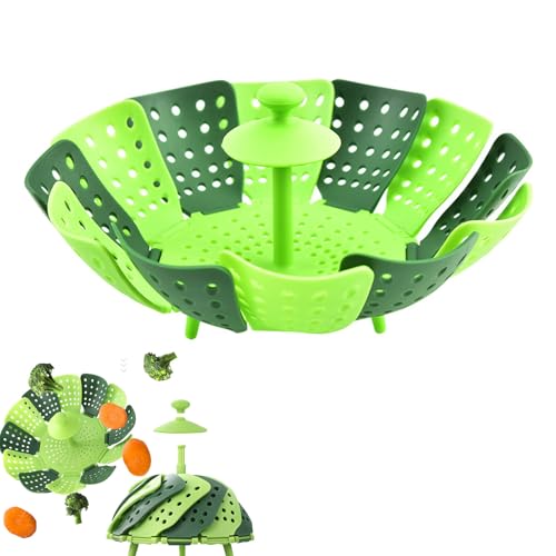 Gurxi 1 Pieza Verde Cesta Vaporera Silicona Plegable Compacto Vaporera Cocinar Vapor Se Puede Ampliar Para Adaptarse a Varios Tamaños De Ollas, Para Cocinar Pescados y Mariscos Vegetarianos
