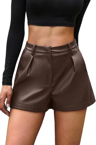 ELLEVEN Leather Shorts for Women High Waisted Mini PU Faux Booty Dressy Shorts with Pockets Cute Lined Leather Pants Western Sexy Club Concert Outfits Trendy Going Out Bottoms Coffee Brown Large