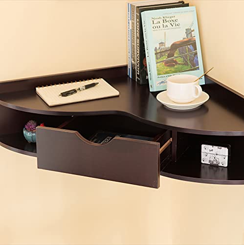 Basicwise Black Corner Heart Shaped Wall Mounted Office Table With Drawer And Two Shelves Computer Writing Desk, Brown #TOP10