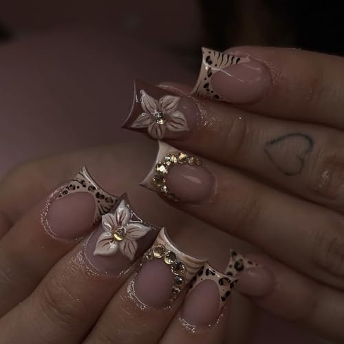 Leopard Print French Tip Press on Nails Short Square Fake Nails,3D Flowers with Gold Rhinestone Designs False Nails, 24Pcs Glossy Brown Fake Nails, Reusable Floral Nails for Women