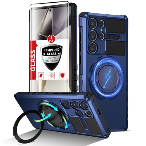 IYTRRYH for Samsung Galaxy S24 Ultra Case Magnetic Compatible with Wireless Charging,Phone Case with Screen Protector,Built-in Kickstand Ring Military Grade Drop Shockproof Heavy Duty Protection Blue