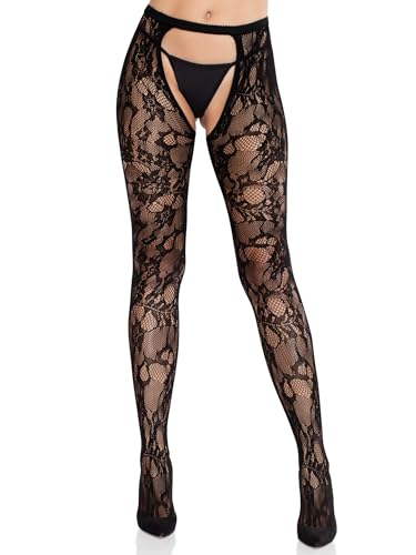 Leg Avenue Eyelet Rose Lace Crotchless Tights With Cheeky Open Back Collant, Nero, Taglia Unica Donna