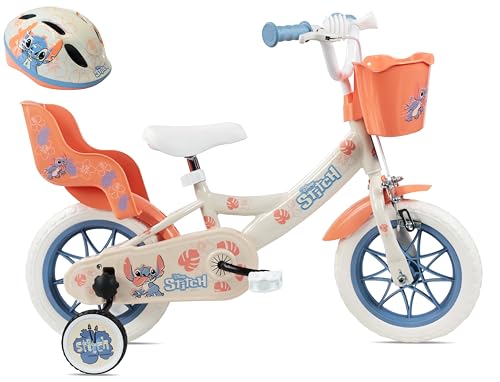 Vélo Enfant 12' Stitch de Disney avec Casque Stitch Inclus équipé de 1 Frein, Panier Avant, Porte poupée arrière, Garde boues, Carter et stabilisateurs