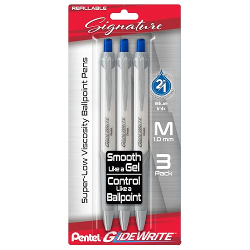 Pentel Glidewrite Signature Ballpoint Pen, (1.0mm) Medium, White Barrel, Blue Ink, Pack of 3 (BX930WBP3C)