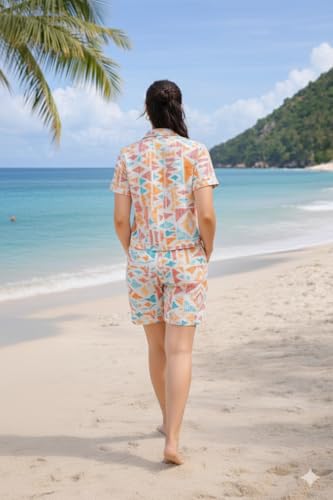 Image of Zilcon Woman Cotton Floral Printed Co-Ord Set - Short Sleeve Shirt with Matching Shorts, Lightweight Breathable Summer Outfit, Beach Vacation Casual Wear