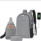 Kit 3 Peças Mochila Masculina com Bolsa Transversal e Necessaire, Cinza, Material Durável, com Compartimento para Notebook e USB