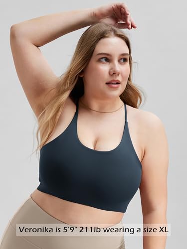 Image of ODODOS Halter Sports Bra for Women Non Padded Strappy Tops Yoga Crop, Deep Navy Bule, Medium