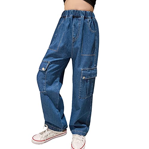 Rolanko Jeans Baggy Cargo pour Filles, Pantalon en Denim Bootcut Vintage Taille Haute Élastique pour Enfants, Bleu Foncé, Taille : 150 Cover
