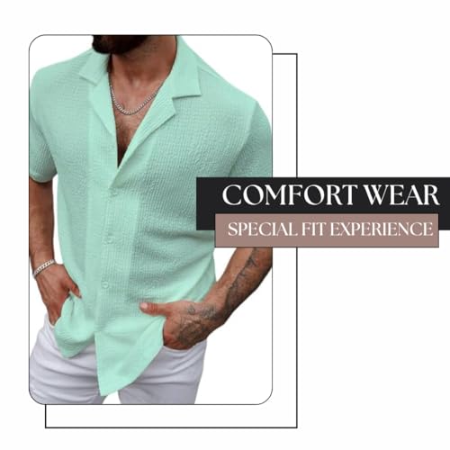 Image of COMBRAIDED Men's Regular Fit Cotton Blend Shirts | Half Sleeve Solid Pattern | Casual Wear for Everyday Style