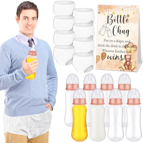 Anglechic 8 Sets Funny Plastic Bottle Chug Baby Shower Games, Diaper Change Game Kit with 8 Plastic Baby Bottles, 8 Disposable Diapers and 1 Game Sign for Gender Reveal Party Favors(Bear,Brown)