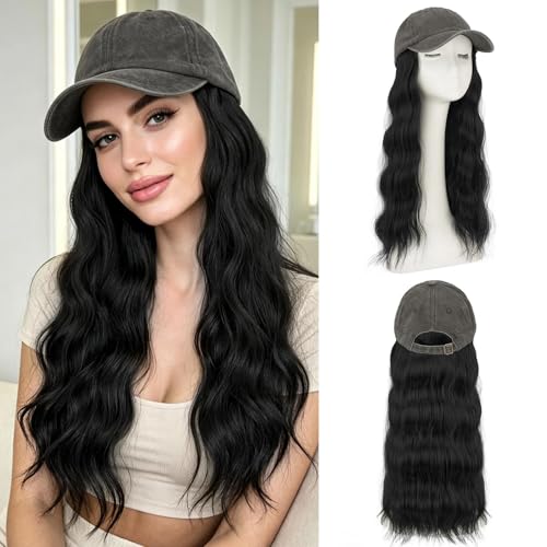 Benehair Hat Wig Extensions, Baseball Cap with Synthetic Hair Attached, Adjustable Wig Hairpieces for Women Daily Outdoor, 18 Inch Long Wavy Jet Black Hair with Grey Cap