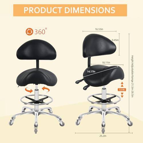 Nazalus Sattelhocker mit Rückenstütze, Fußstütze, strapazierfähig (159 kg), hydraulischer Drehstuhl, verstellbarer Hocker für Salon, Spa, Schönheit, Massage, Zahnklinik, Heimbüro, Schwarz