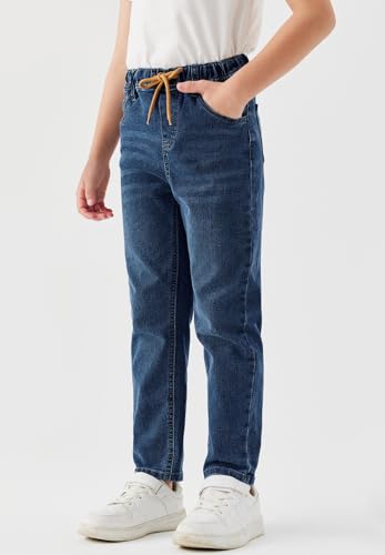 Haloumoning Boys Jeans Kids Elastic Waist Straight Leg Denim Pants with Drawstring 4-14 Years2