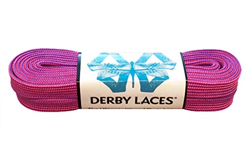 Derby Laces ORIGIN Wide 10mm Hockey Style Waxed Lace for Skates, Roller Derby, Work Boots, and Hiking (Purple and Hot Pink Stripe, 96 Inch / 244 cm)