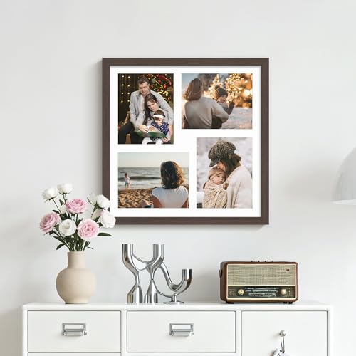 Image of DUENPY 20x20 Collage Picture Frame 8x10 Picture Frame Collage Displays Four 8x10 inch Photos Available Horizontal Wall Mounting Display and Vertical Walnut