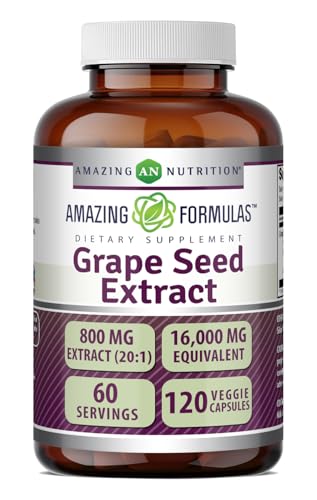 Amazing Formulas Grapeseed Extract 800 Mg (16000mg of Grape Seed Powder Standardized 20:1 Extract) | Veggie Capsules Supplement | Non-GMO | Gluten-Free | Made in the USA (1 Pack | 120 Count)