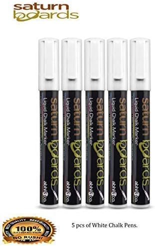 Reversible Dual Nib Chalk Marker Pens (White) Chalk Pens 3mm Fine Bullet Nib - Wet Wipe Erase Chalk Markers Pack of 5 Saturn Boards