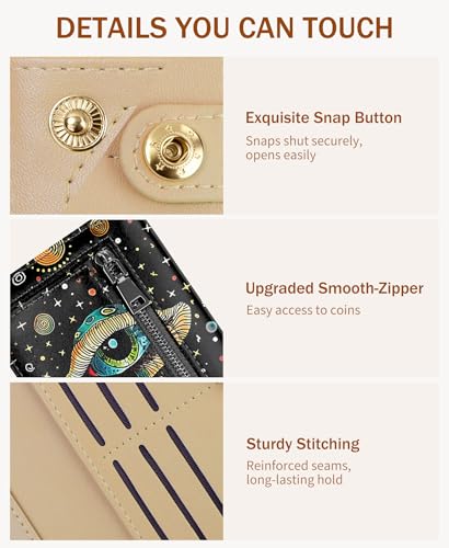 Image of Immaturus Womens Wallet, Mushroom Eye Slim Thin RFID Blocking Credit Card Wallets, Long Bifold PU Leather Card Holder Organizer, Black Cash Clutch Billfold with Zipper Coin Pocket Ladies Girls Gift