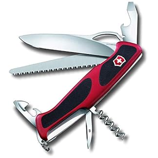 Victorinox ranger grip 79 swiss army pocket knife large multi tool 12 functions locking blade one hand redblack