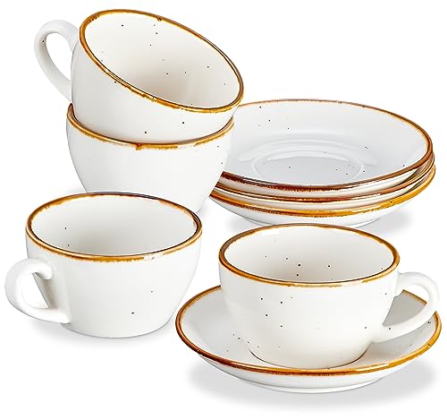 ONEMORE Ceramic Cappuccino Cups Set of 4, 190ml Espresso Cups, Porcelain Cup and Saucer Set for Cappuccino, Espresso, Coffee, Microwave and Dishwasher Safe, Rustic Style, Creamy White