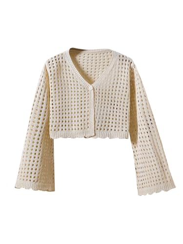 Floerns Girl's Crochet V Neck Cardigan Scallop Trim Bell Sleeve Lightweight Crop Sweaters