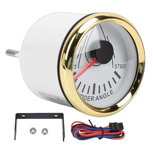 Cryfokt Marine Rudder Angle Indicator, 52mm Boat Rudder Gauge for Yacht Speedboat Cruise Ship Fishing, White Dial with Gold Bezel, 0 to 190ohm Signal, LCD Display Stepper Motor