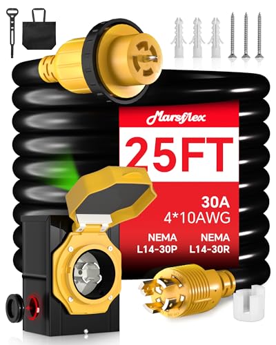 Marsflex 30 Amp 25FT Generator Cord and Power Inlet Box 14-30P / L14-30R