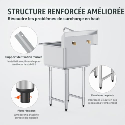 VEVOR Évier préparation utilitaire inox 1 cuve 45 7x45 7 cm robinet pieds. - vue 5