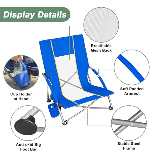 Romswi Silla de Playa Baja para Adultos Pack de 2, Silla Plegable Ligera con Respaldo de Malla Transpirable y Porta Vasos, Sillas Portátiles Compactas para Camping, Capacidad 300 lbs, Azul miniatura 5