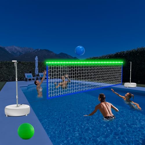 Myodal Pool Volleyball Net Set with Solar Powered LED Lights, 15ft-32ft Adjustable Water Volleyball Net with 2 Balls & Pump for Inground Pools Family Fun & Party Games